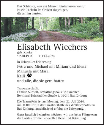 Traueranzeige von Elisabeth Wiechers von Westfalen Blatt