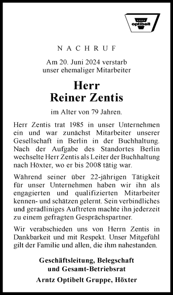 Traueranzeige von Reiner Zentis von Westfalen Blatt