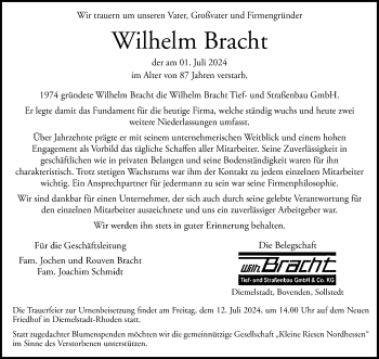 Traueranzeige von Wilhelm Bracht von Westfalen Blatt