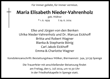 Traueranzeige von Maria Elisabeth Nieder-Vahrenholz von Westfalen Blatt