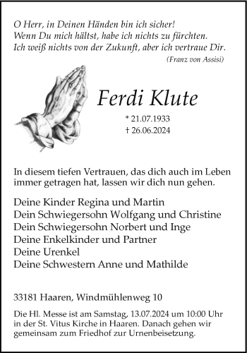 Traueranzeige von Ferdi Klute von Westfalen Blatt