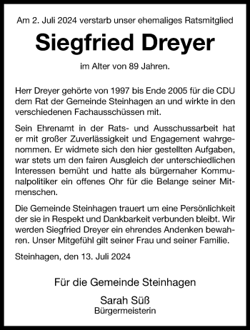 Traueranzeige von Siegfried Dreyer von Westfalen Blatt