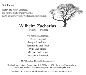 Traueranzeige von Wilhelm Zacharias von Westfalen Blatt