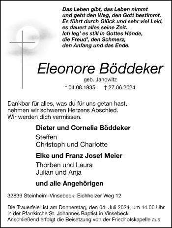 Traueranzeige von Eleonore Böddeker von Westfalen Blatt