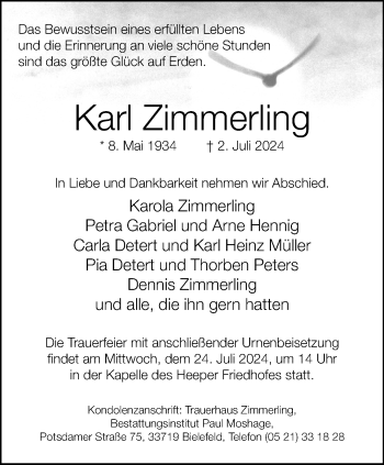 Traueranzeige von Karl Zimmerling von Westfalen Blatt