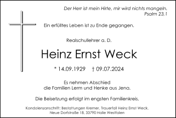 Traueranzeige von Heinz Ernst Weck von Westfalen Blatt