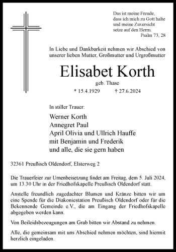 Traueranzeige von Elisabet Korth von Westfalen Blatt