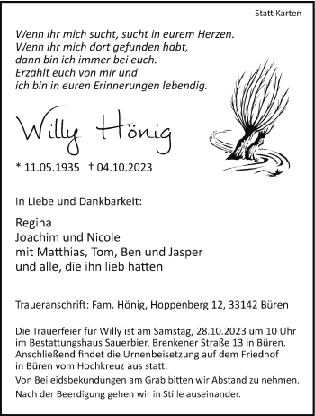 Traueranzeige von Willy Hönig von Westfalen Blatt