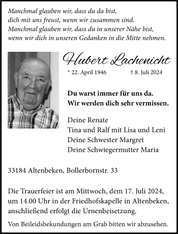 Traueranzeige von Hubert Lachenicht von Westfalen Blatt