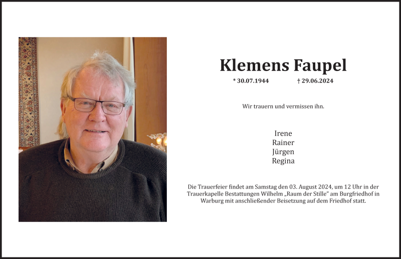  Traueranzeige für Klemens Faupel vom 03.07.2024 aus Westfalen Blatt