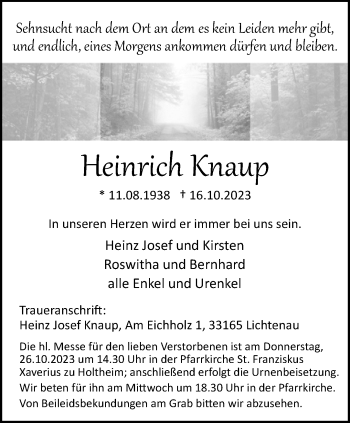 Traueranzeige von Heinrich Knaup von Westfalen Blatt