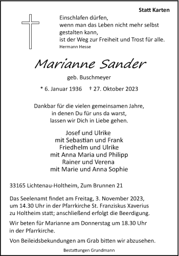 Traueranzeige von Marianne Sander von Westfalen Blatt