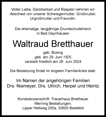 Traueranzeige von Waltraud Bretthauer von Westfalen Blatt