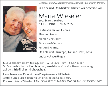 Traueranzeige von Maria Wieseler von Westfalen Blatt