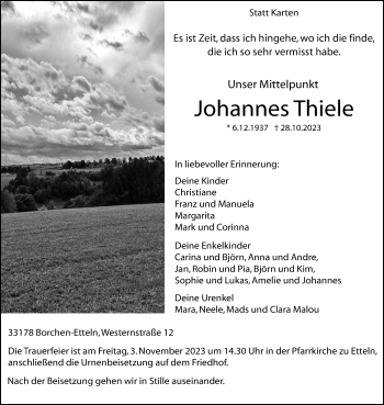 Traueranzeige von Johannes Thiele von Westfalen Blatt