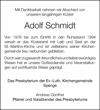 Traueranzeige von Adolf Schmidt von Westfalen Blatt