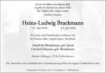 Traueranzeige von Heinz-Ludwig Brackmann von Westfalen Blatt