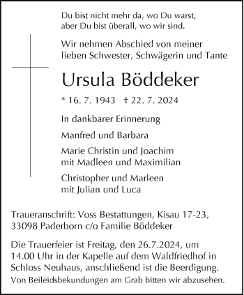 Traueranzeige von Ursula Böddeker von Westfalen Blatt