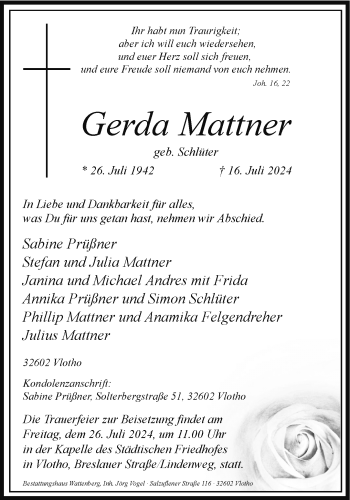 Traueranzeige von Gerda Mattner von Westfalen Blatt