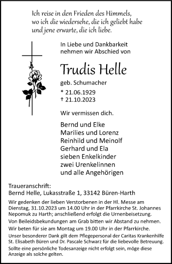 Traueranzeige von Trudis Helle von Westfalen Blatt