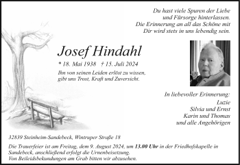 Traueranzeige von Josef Hindahl von Westfalen Blatt