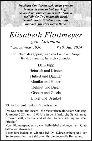 Traueranzeige von Elisabeth Flottmeyer von Westfalen Blatt