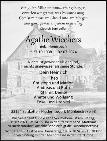 Traueranzeige von Agathe Wiechers von Westfalen Blatt