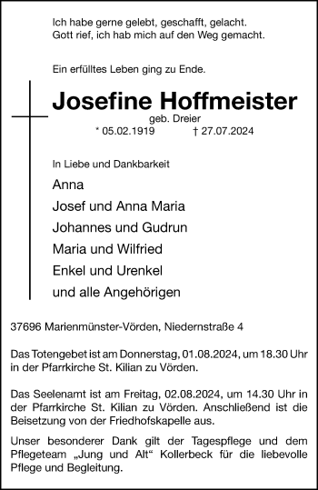 Traueranzeige von Josefine Hoffmeister von Westfalen Blatt