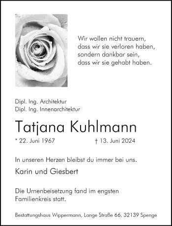 Traueranzeige von Tatjana Kuhlmann von Westfalen Blatt