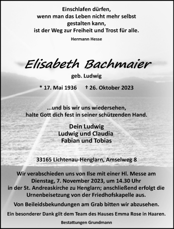 Traueranzeige von Elisabeth Bachmaier von Westfalen Blatt