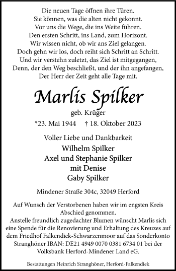 Traueranzeige von Marlis Spilker von Westfalen Blatt