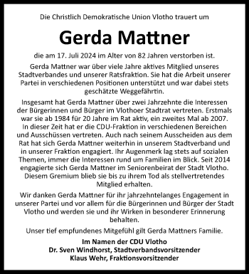 Traueranzeige von Gerda Mattner von Westfalen Blatt