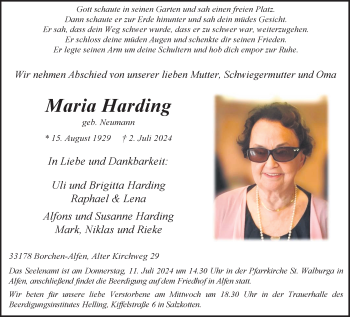 Traueranzeige von Maria Harding von Westfalen Blatt