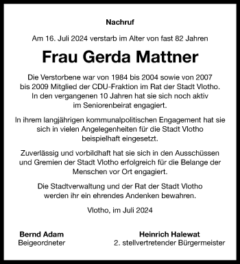 Traueranzeige von Gerda Mattner von Westfalen Blatt