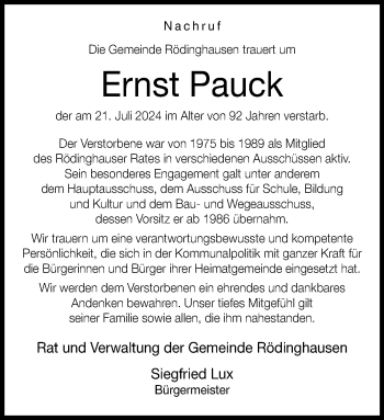 Traueranzeige von Ernst Pauck von Westfalen Blatt