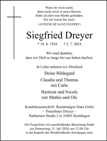 Traueranzeige von Siegfried Dreyer von Westfalen Blatt