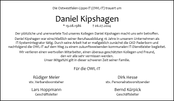 Traueranzeige von Daniel Kipshagen von Westfalen Blatt