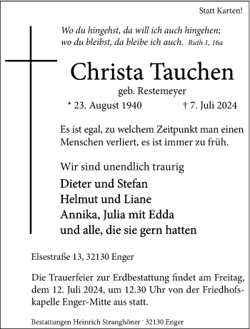 Traueranzeige von Christa Tauchen von Westfalen Blatt