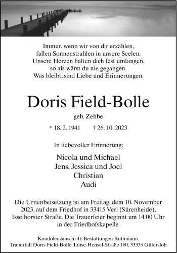 Traueranzeige von Doris Field-Bolle von Westfalen Blatt