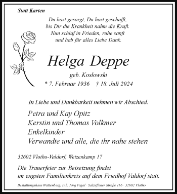 Traueranzeige von Helga Deppe von Westfalen Blatt