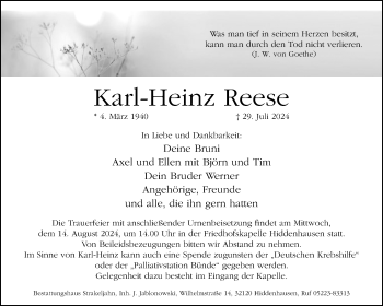 Traueranzeige von Karl-Heinz Reese von Westfalen Blatt