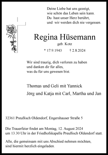 Traueranzeige von Regina Hüsemann von Westfalen Blatt