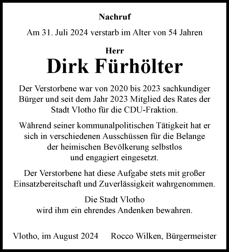  Traueranzeige für Dirk Fürhölter vom 10.08.2024 aus Westfalen Blatt