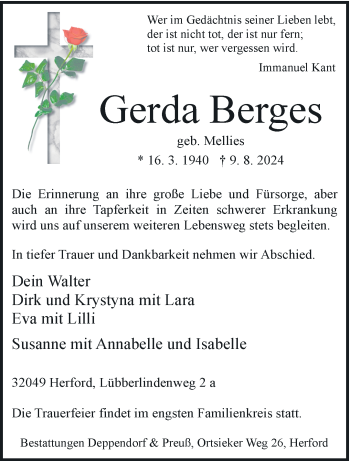 Traueranzeige von Gerda Berges von Westfalen Blatt