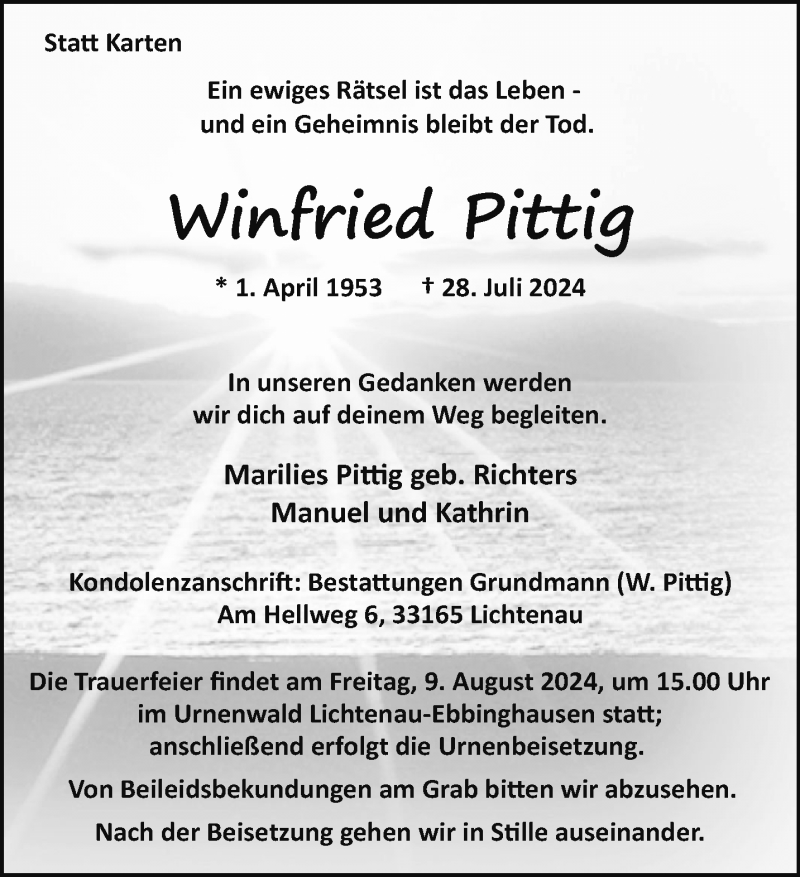  Traueranzeige für Winfried Pittig vom 03.08.2024 aus Westfalen Blatt