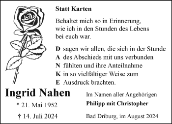 Traueranzeige von Ingrid Nahen von Westfalen Blatt