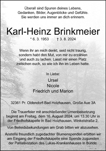 Traueranzeige von Karl-Heinz Brinkmeier von Westfalen Blatt