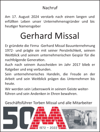 Traueranzeige von Gerhard Missal von Westfalen Blatt