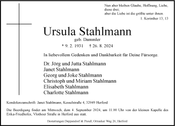 Traueranzeige von Ursula Stahlmann von Westfalen Blatt