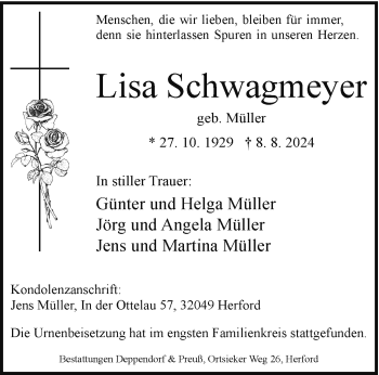 Traueranzeige von Lisa Schwagmeyer von Westfalen Blatt